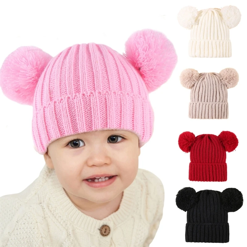 

Baby Knit Hat Double Pom Poms Breathable Warm Bonnet Hat for 0-3 Years Infant QX2D