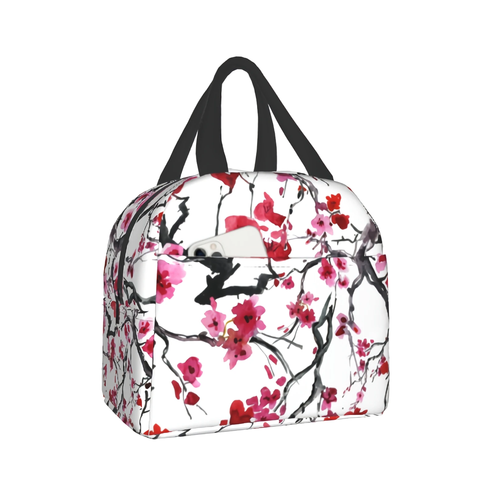 

Watercolor Cardinal Cherry Flowers Portable Insulated Lunch Tote Bag Ink Tree Branches With Spring Red Floral Reusable Lunch Box