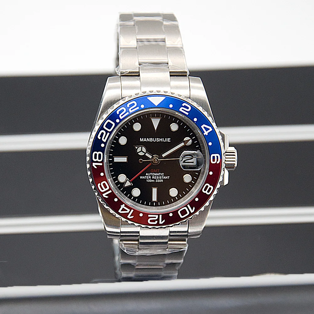 

Швейцарский бренд luxyry 40 мм тонкая сталь GMT синий автоматический механический Досуг Спорт светящийся круглый указатель мужские часы керамич...