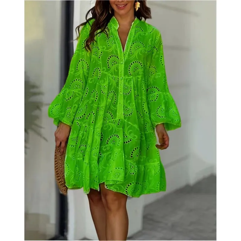 Женское кружевное однотонное платье с вырезами лето-осень элегантное винтажное