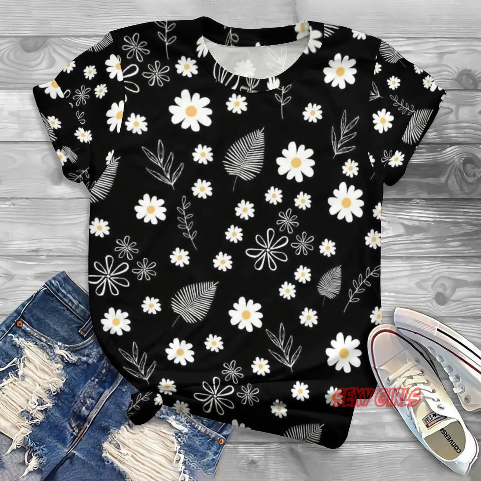 

Chrysanthemum Pattern Print Clothing Lady Short Sleeve Casual Fashion Sexy Girls Clothes Tee Top T-shirts Female Graphic T-shirt