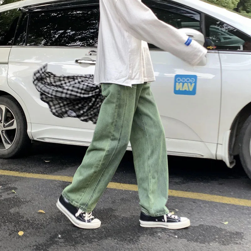 Men Trendy Straight Jeans Green Streetwear Hip-hop Skateboarding Casual Wide Legs Youth Male Harajuku Style Denim Pants