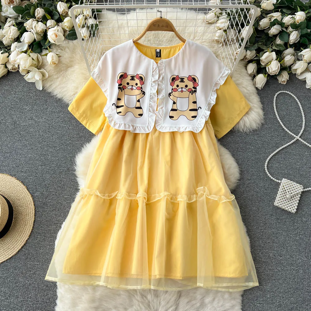 

Sweet Lapel Print Doll Short Dress Women New Fashion Summer Short Sleeve Loose Slim Casual Clothes Vestidos F083