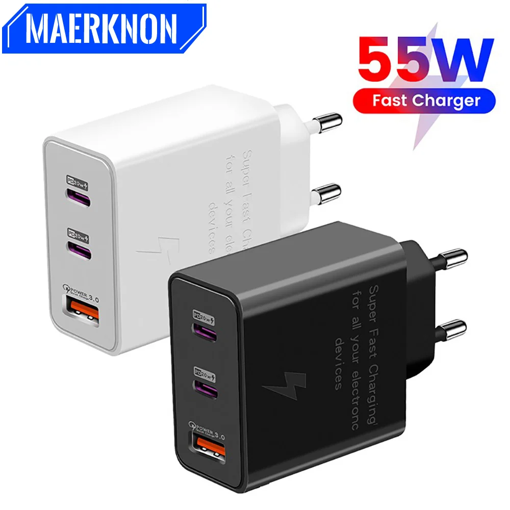 

PD USB Charger 55W USB Type C Fast Charging Adapter for Samsung Xiaomi iPhone Mobile Phone Wall Charger Quick Charge3.0 EU Plug