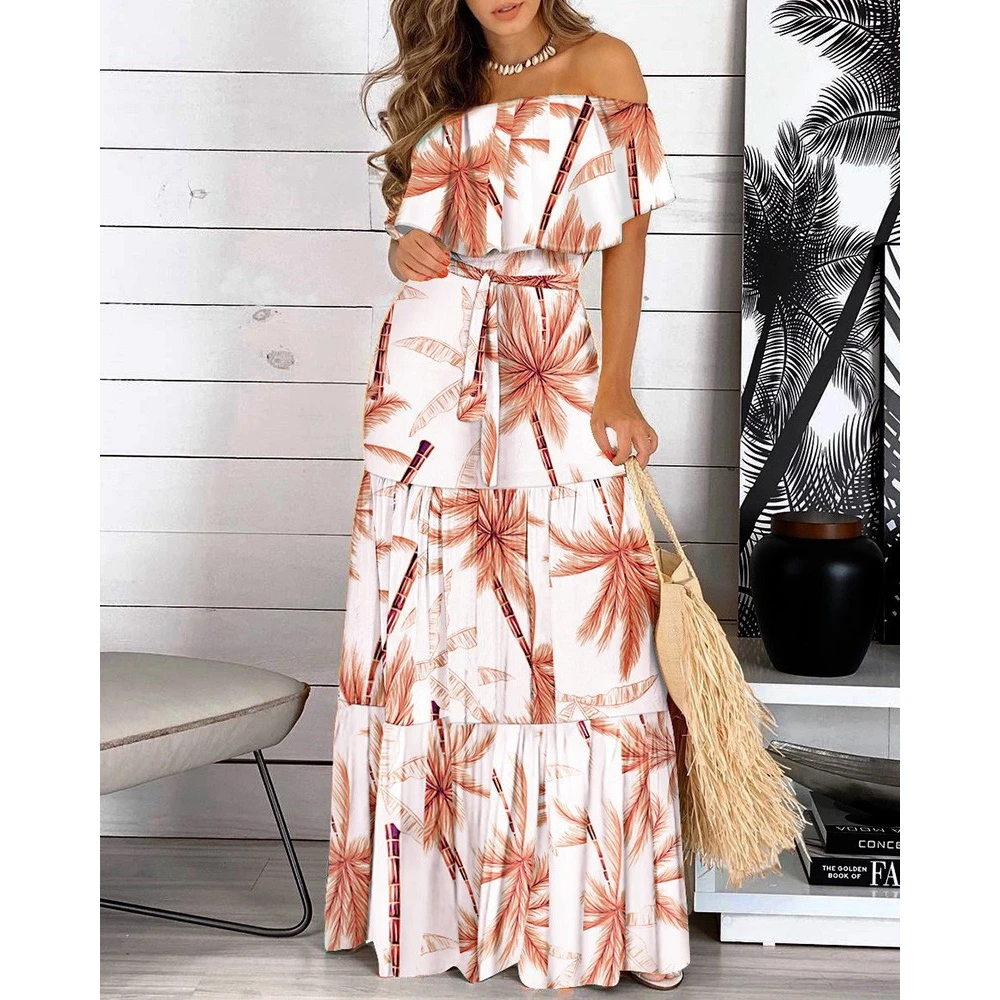 

Summer Fashion Women Tropical Print Off The Shoulder Maxi Ruffle Hem Layered Dress Sexy Lady Femme Boho Vacation Long Dress