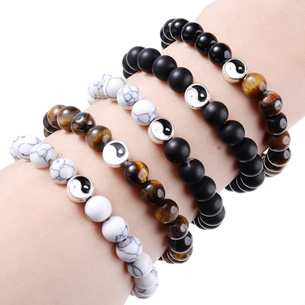 Модные черные и белые браслеты Taichi с подвесками 8 мм натуральный тигровый глаз