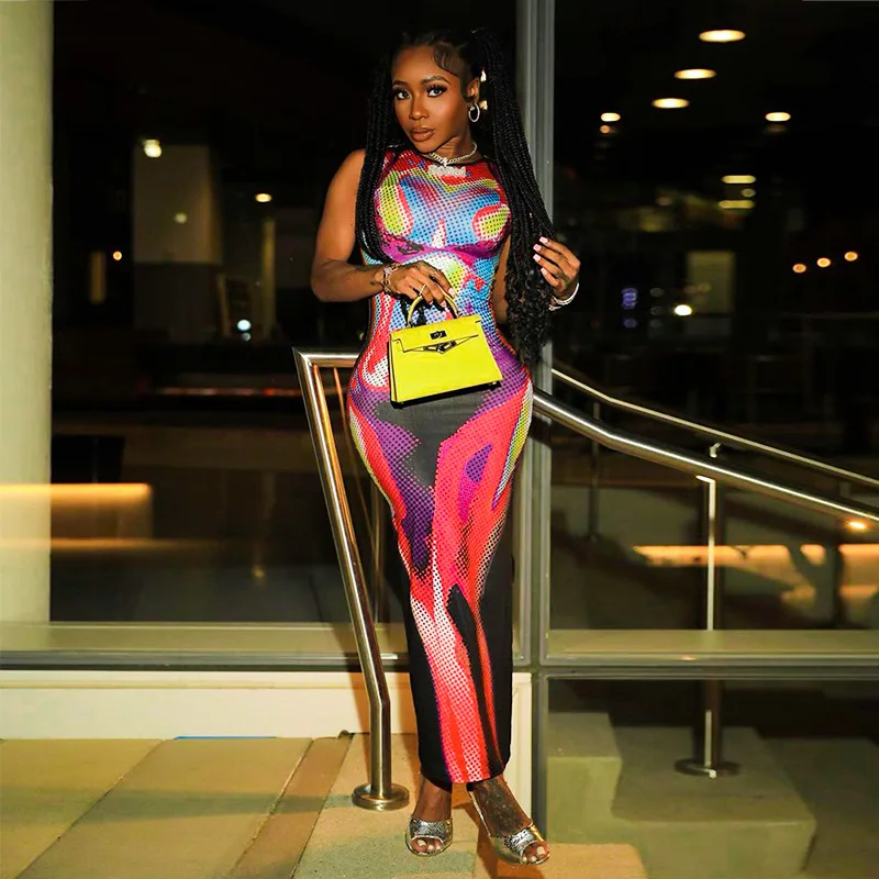 

Женское летнее платье-жилет с принтом, облегающее платье с завышенной талией и круглым вырезом, облегающее платье без рукавов с боковыми элементами, лето 2023