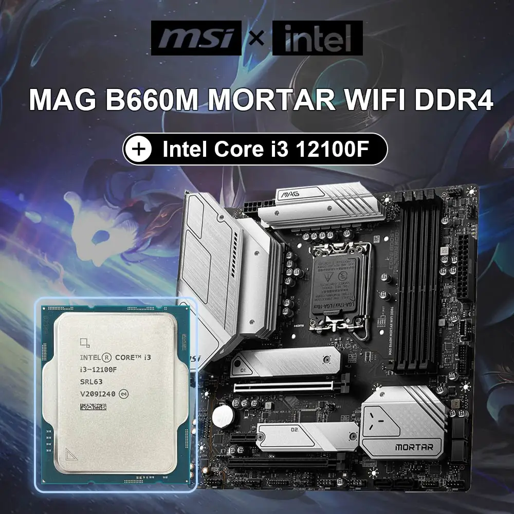 

Intel Core i3-12100F i3 12100F CPU Processor + MSI New MAG B660M MORTAR WIFI Motherboard DDR4 128G LGA 1700 8-Core 8-Thread