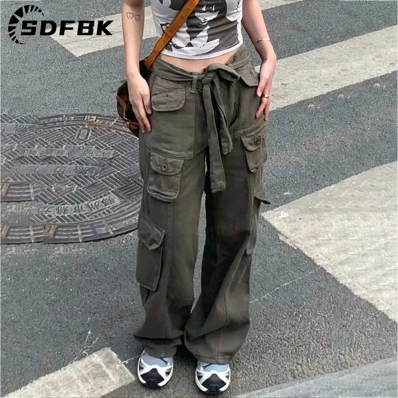 

Cargo Pants Women Y2K Women Casual Baggy Wide Leg Sweatpants Vintage Chic Drawstring Streetwear Joggers Straight Low Waist Pants