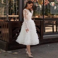 vintage tiered wedding dress with lace scoop neck elegant tea length bridal gown a line engagement vestido de noche fiesta 2022