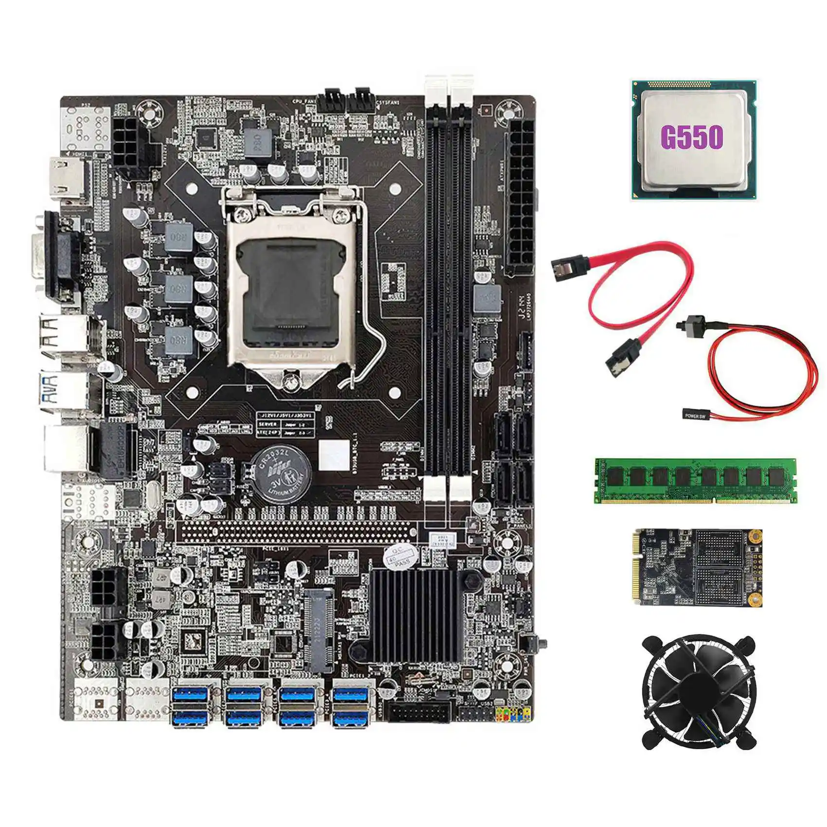 

B75 BTC Mining Motherboard 8XPCIE to USB3.0+G550 CPU+Fan+DDR3 4GB 1600Mhz RAM+128G SSD+SATA Cable+Switch Cable