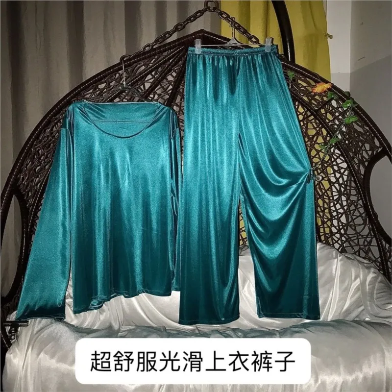 Фото Комплект пижамы из 2 предметов S-3XL: глянцевый атлас из ледяного шелка, топ с длинным рукавом и брюки для сна, унисекс №2