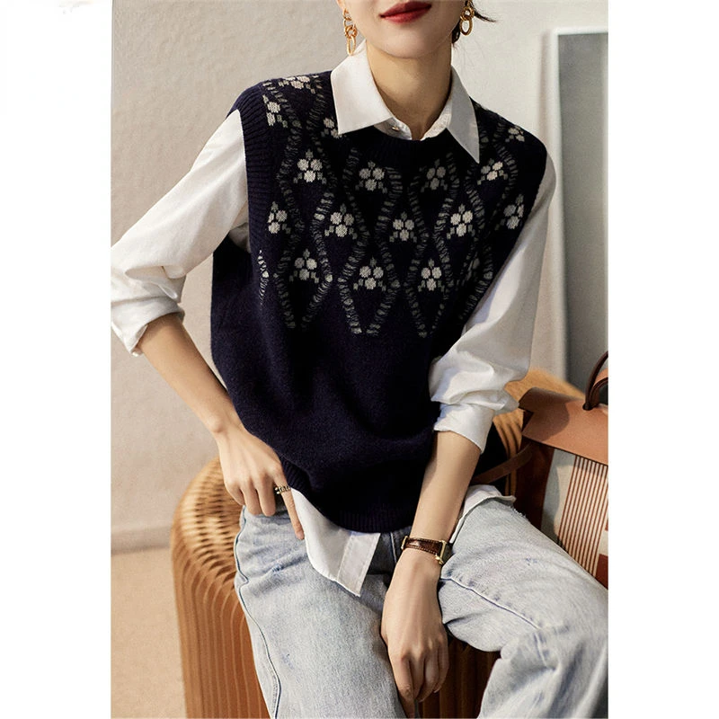 

Women 2022 New Fashion Vests Flower Knit Tops Vintage Round Neck Sleeveless Female Sweater Pullover Chic Tank Top Mujer J105