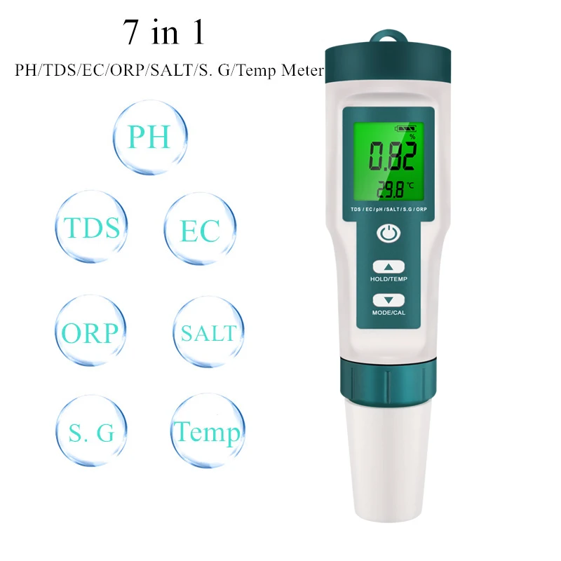 

7 in 1 PH Meter Professional Water Quality Tester Portable Pen Type Salinity/PH/TDS/EC/ORP/SG/TEMP Meter for Food/ Farming
