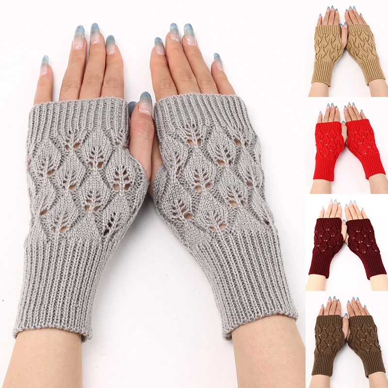 

Openwork Acrylic Gloves Fingerless Knitted Gloves Stretch Half Finger Gloves Crochet Knitting Mittens Solid Color Woolen Yarn