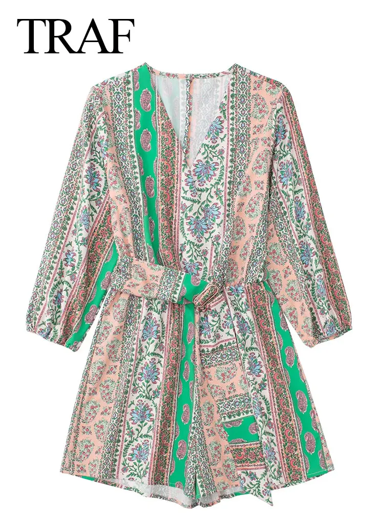 

Комбинезон женский с принтом, V-образным вырезом и ремнем