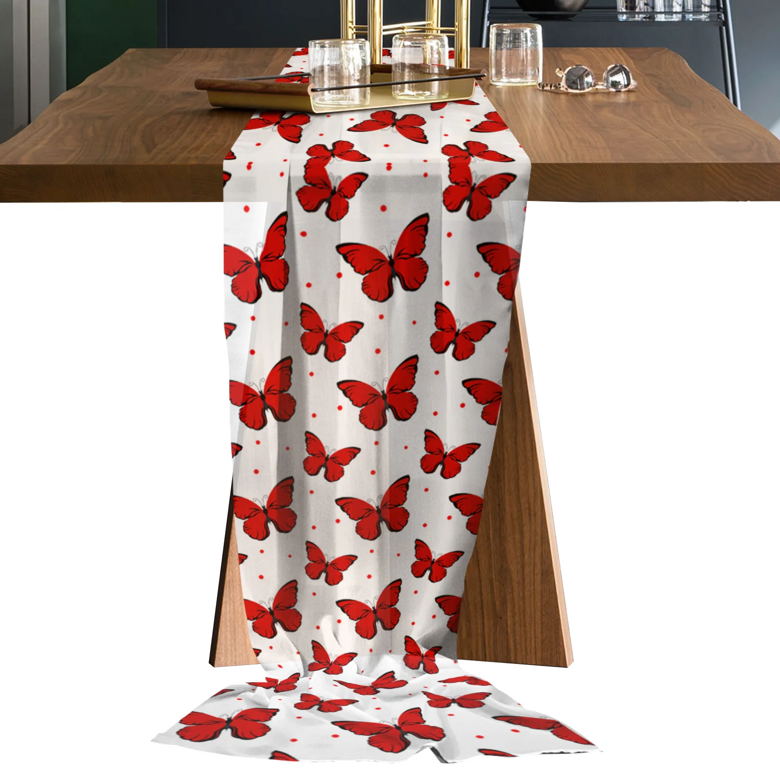 

Red Butterfly Polka Dot Texture Table Runner Sheer Chiffon Luxury Boho Wedding Party Birthday Gauze Tablecloth