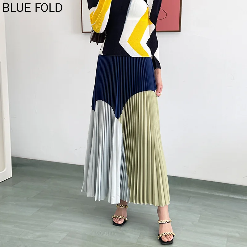 

Handmade Pleated Skirt Female Elastic Waist Spring and Summer New Retro High Waist A-line Umbrella Skirt Color Matching Pleated
