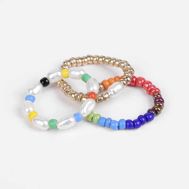 

Bohemia Resin Seed Beads Ring 3Pcs/Set Natural Freshwater Pearls Rings Set For Women Men Rice Beads Ring Beach Jewelry Gifts