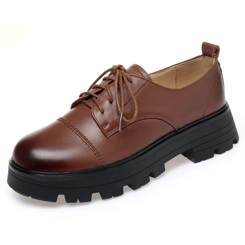 

Women Oxford Shoes Genuine Leather Spring New Lace-up Llarge Size 43 Women's Loafers Platform Ladies Shoes Black Brown