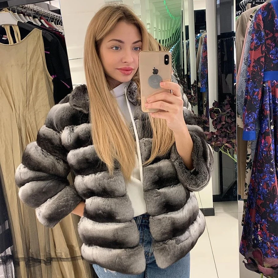 Женская шуба из меха кролика Шиншиллы Рекс с воротником-стойкой короткая меховая