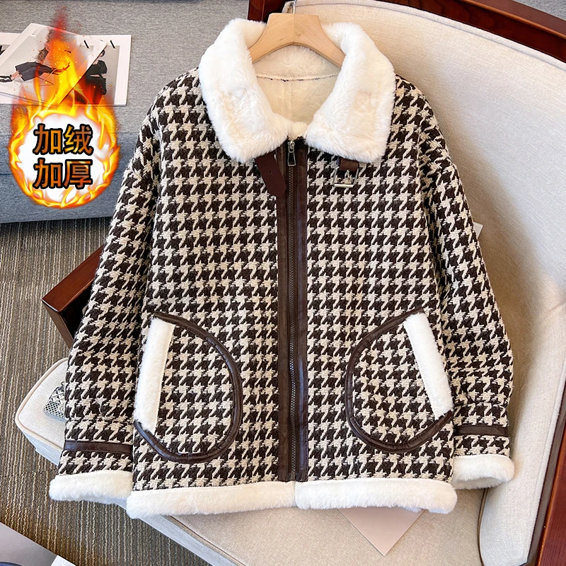 

2023 New Autumn Winter Houndstooth Plush Coat Women Outwear Korean Loose Plus Velvet Thicken Parka Female Fur One Overcoat