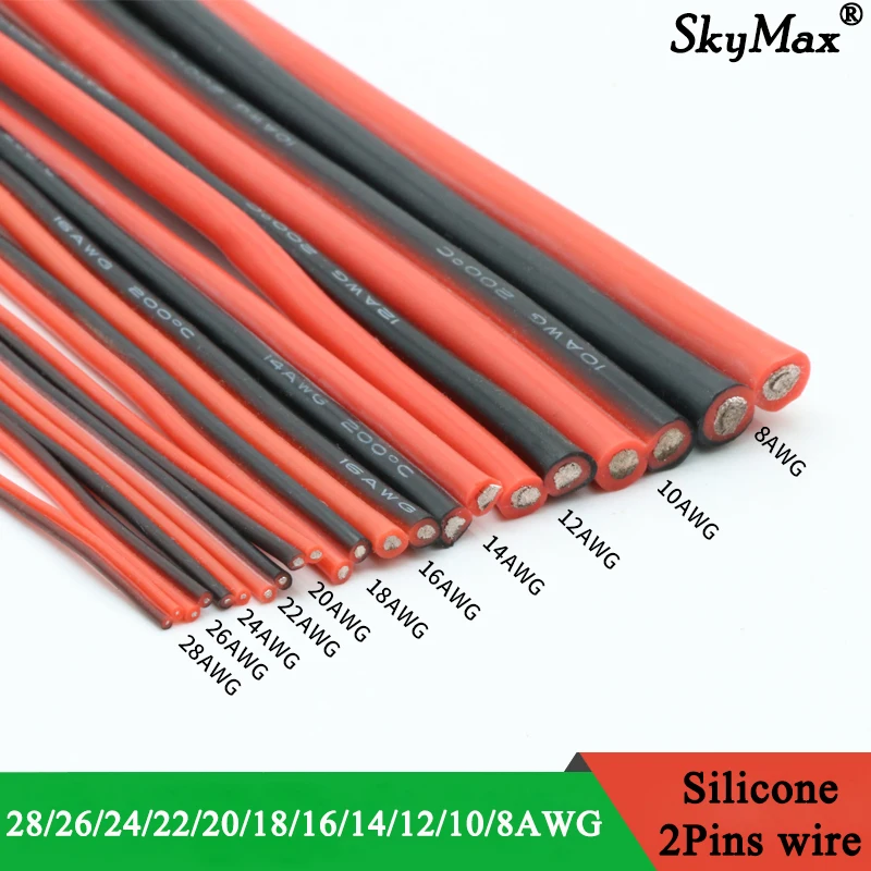 1/2/5M Copper Wire Silicone Rubber Cable Soft 8 10 12 14 16 18 20 22 24 26 28AWG 2Pins Flexible DIY LED Lamp Connector Black Red