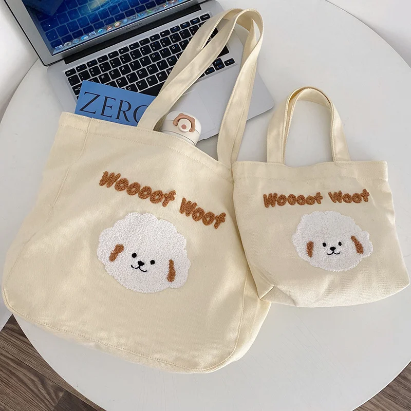 

Women Canvas Shoulder Bag Plush Puppy Design Young Girls Books Handbag Eco Cloth Small Tote Cute Soft Shopping Bags For Ladies