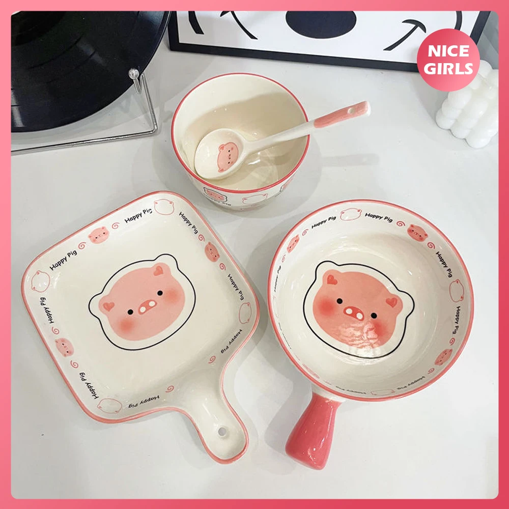 

Cute Pink Pig 4Pcs Ceramic Tableware Set Fashion Plate Bowl Spoon Cartoon Party Decorative Eco Friendly Cutlery Dessert Tray Set
