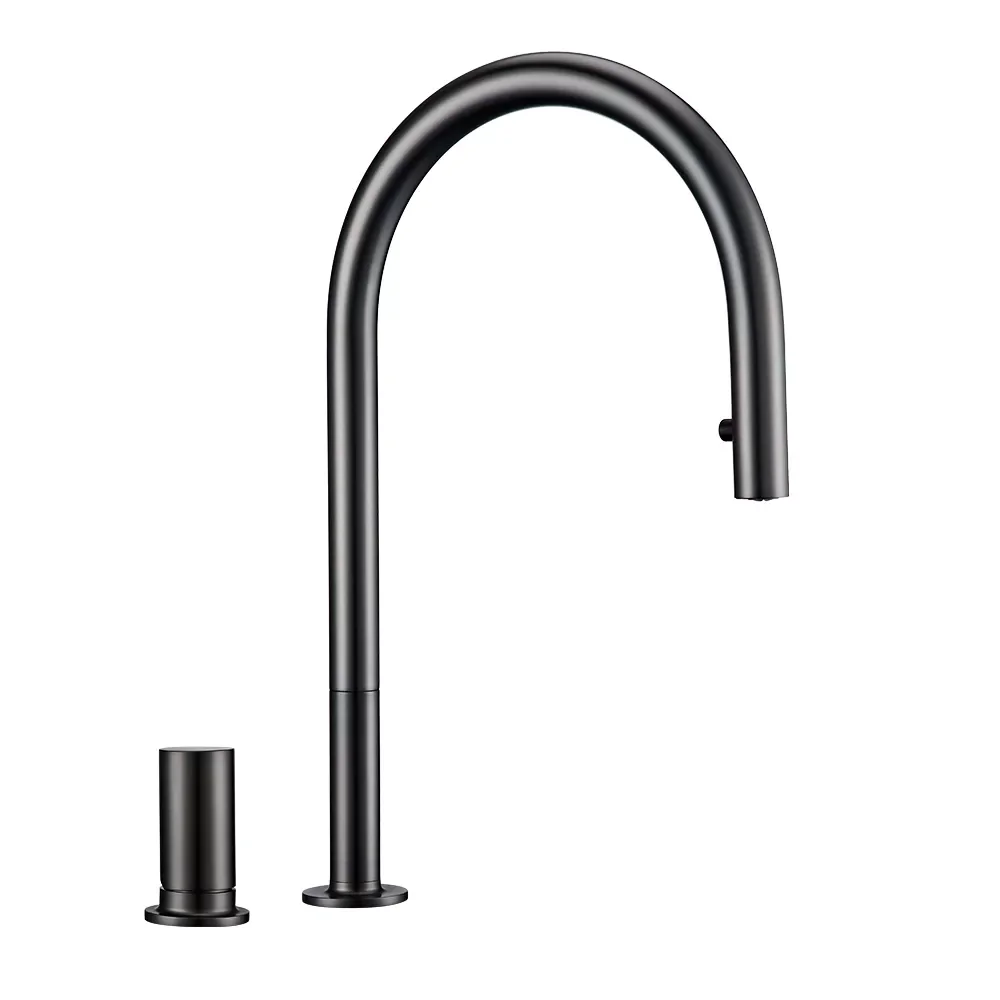 

Pull Down Kitchen Sink Faucet Brushed Gunmetal Black Single Handle Double Hole Hot And Cold Sprayer Brass Countertop Mounted
