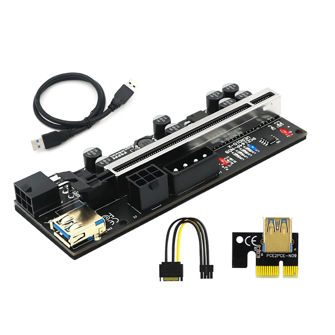 

New Version 010-X PCIE 1x to 16x USB 3.0 Extension Card with 6P to SATA Cable for GPU Graphics Card Powered Riser Adapter Card
