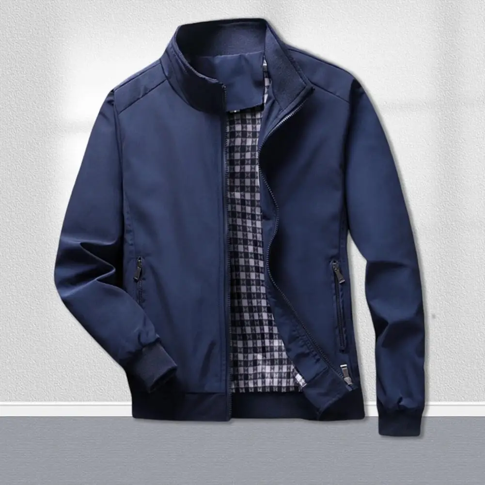 

Popular Casual Jacket Shrinkable Cuffs Mid-aged Men Thin Type Solid Autumn Outerwear Pockets Warm Men Coat Daily Clothing