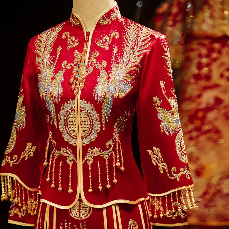 Chinese Traditional Phoenix Embroidery Qipao Wedding Dress Banquet High-quaity Classic Tassels Cheongsam