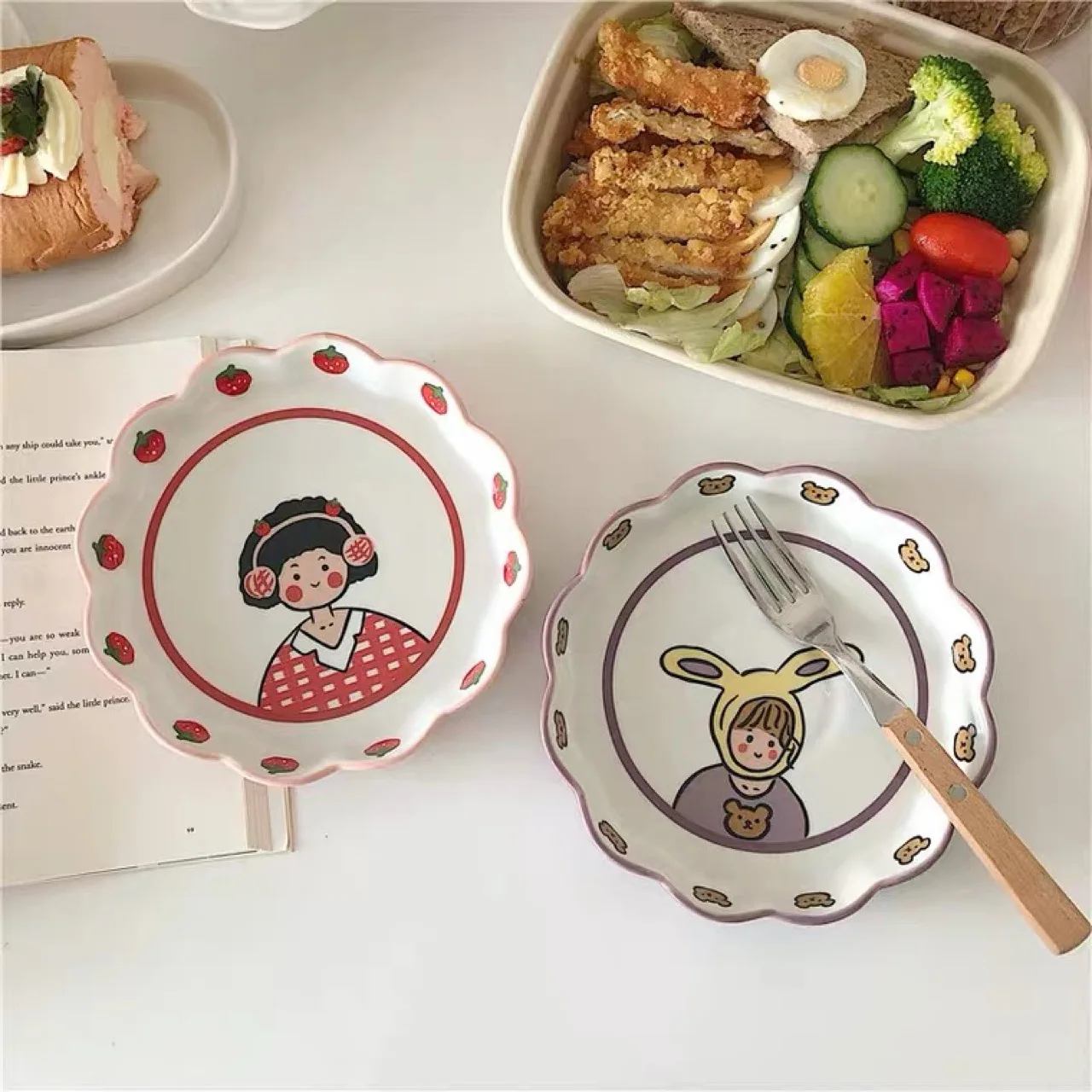 

Cartoon Girl Ceramic Bowl Lovely Tableware Retro Home Fruit Salad Korean Ins Style Girl Mood Partner Lace Breakfast Bowl
