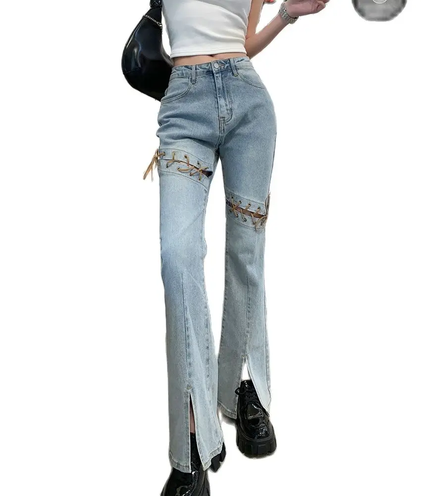 

Fashion High Waist Jeans Women's 2022 Spring Hot Sale New Straight Hollow Bandage Slit Trousers Women's Clothing Bottoms