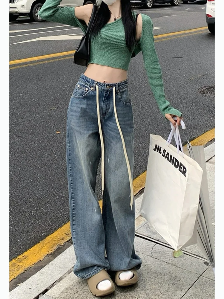 

2023 New Summer Fashion Women Punk Style Oversize Jeans Button Wash Blue Trousers Denim Pants E-girl Streetwear Wide Leg Loose