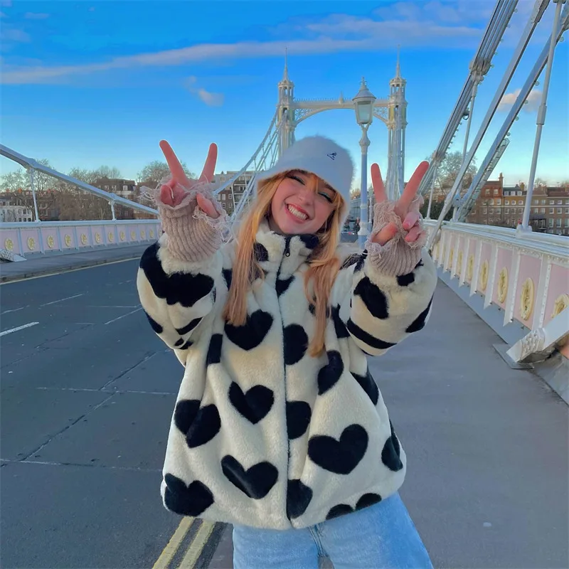 Lovely Wind Stand Collar Hundred Casual Jacket Female 2022 Autumn and Winter Down Thickening Loose Love Plush Cotton Clothing