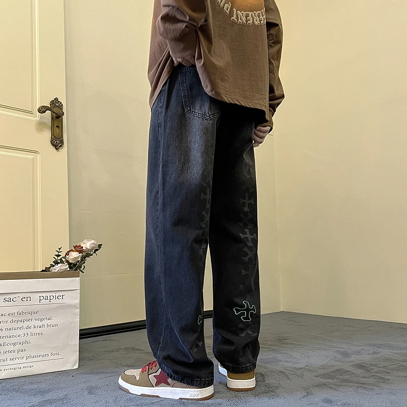 Four Seasons American High Street Jeans Men's Trend Simple Versatile Loose Wide Legs Casual Straight Pants Ins Hot Sale Cotton