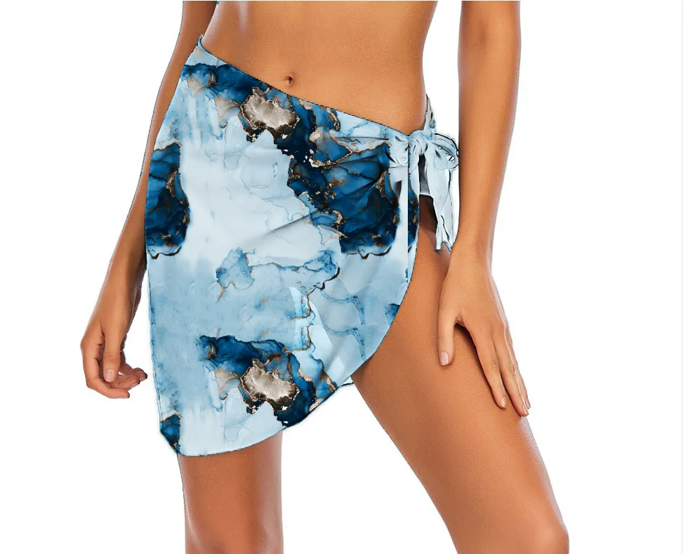 

Женские короткие саронги с принтом, купальные костюмы, Пляжное бикини, прозрачная короткая юбка, шифоновый шарф, накидка, пляжная одежда