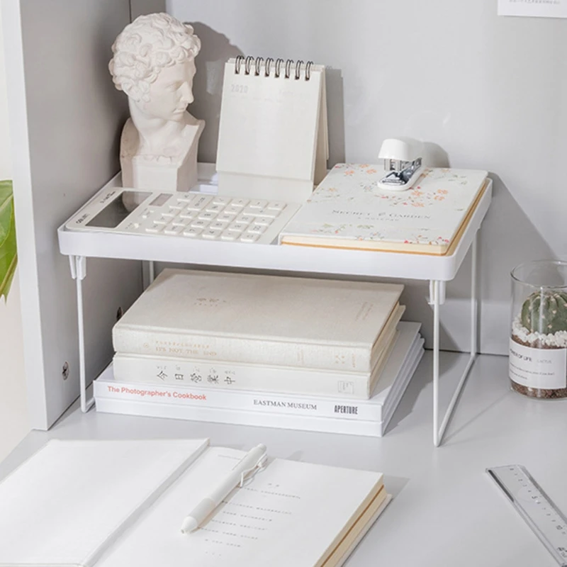

White Wire Stacking Cabinet Shelf Stackable Foldable Space Saving Shelf Stand Rack Desk Countertops Storage Holder Shelf