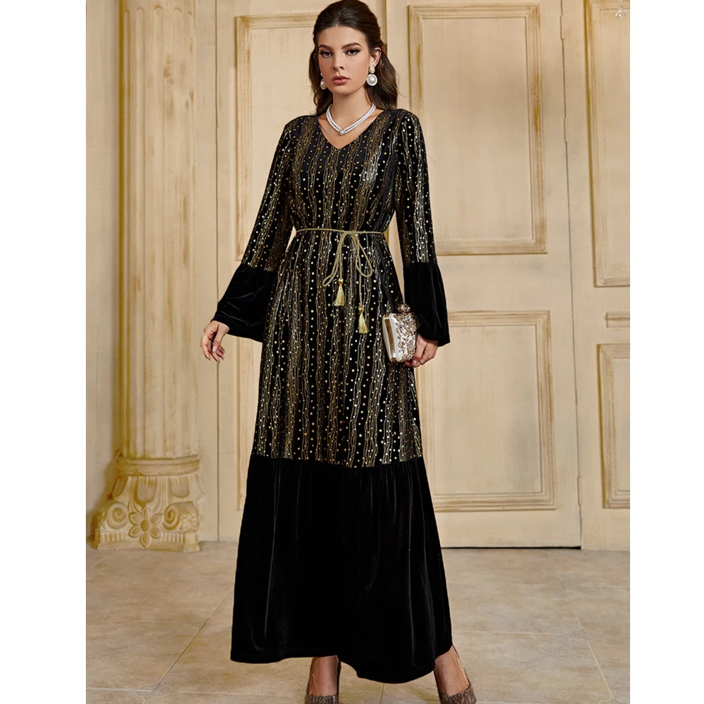 

Wepbel Arab Women's Abaya Muslim Dress Islamic Clothing Bronzing Printed Robe Caftan Embroidered Gold Velvet Waist Dress Belt