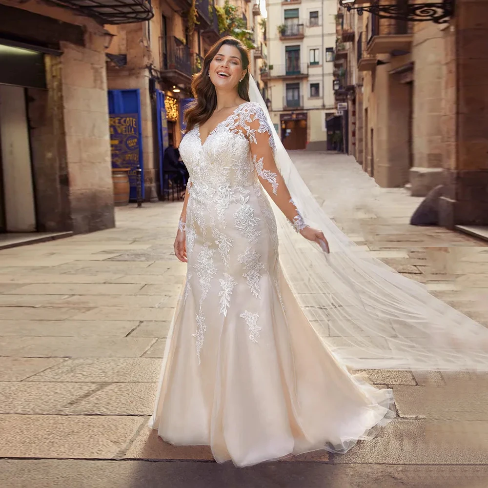 

Plus Size Mermaid Wedding Dresses For Bride With Long Sleeve Applique Lace Customizable Formal Bridal Gown Vestido De Novia 2023
