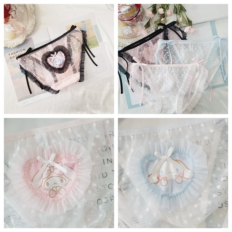 

Sanrios Kuromi Lace-up Briefs Anime Japanese Kawaii Cartoon Printed Love Lace Mesh Spring String Seamless Underwear Bikini Girls