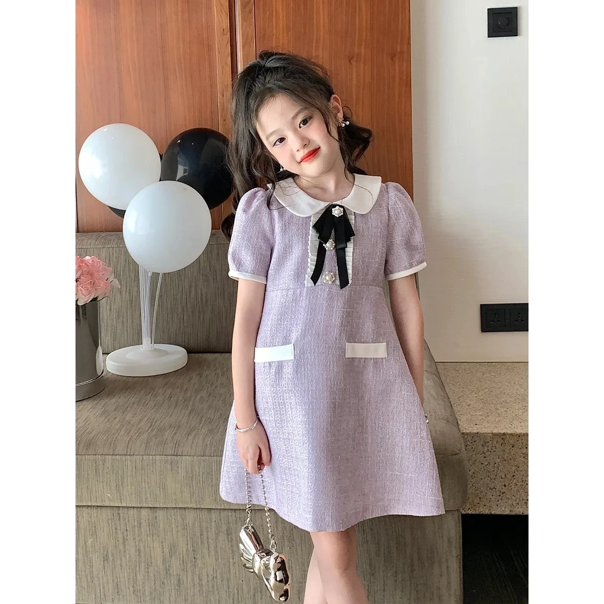 

Детское летнее платье с коротким рукавом, с бантом