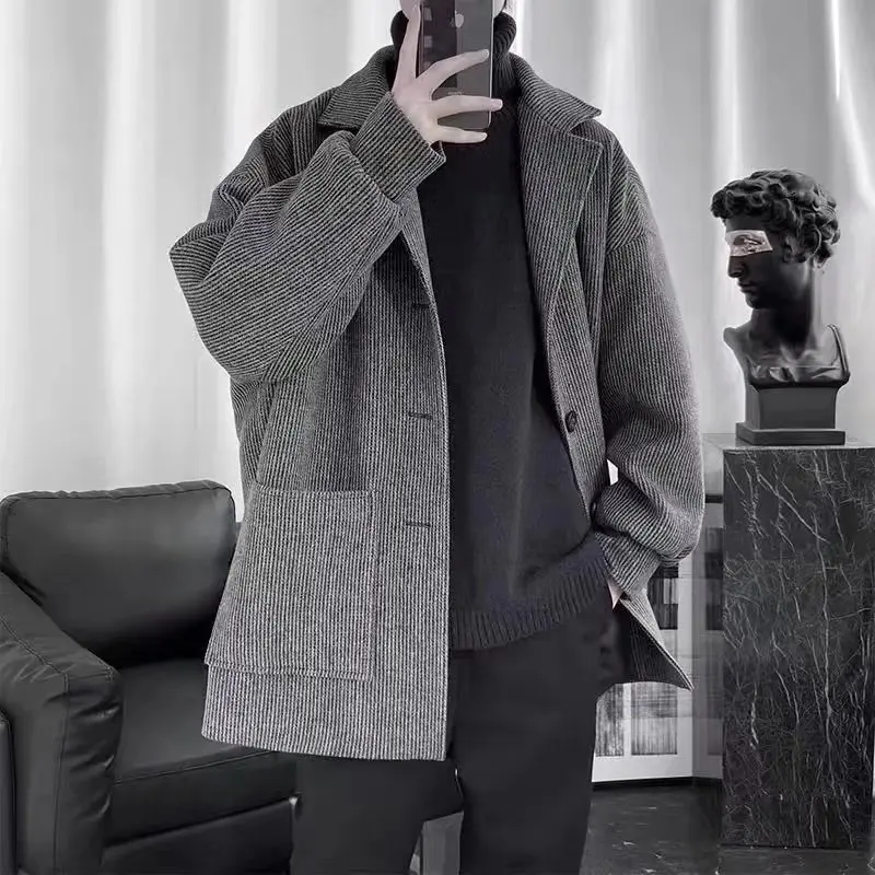 Corduroy woolen coat Men's winter mid-length over-the-knee windbreaker trend woolen coatMen's winter jackets parkas Man coat