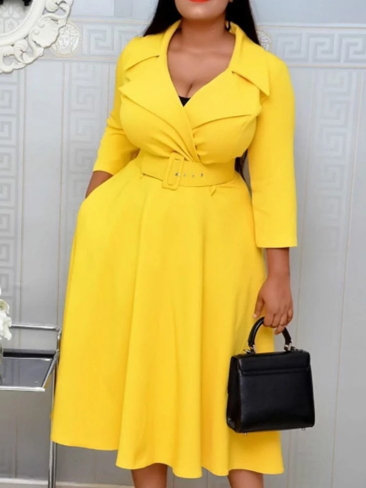 

Женское элегантное платье с поясом на талии, плиссированное скромное офисное платье с отложным воротником и длинными рукавами, одежда для р...