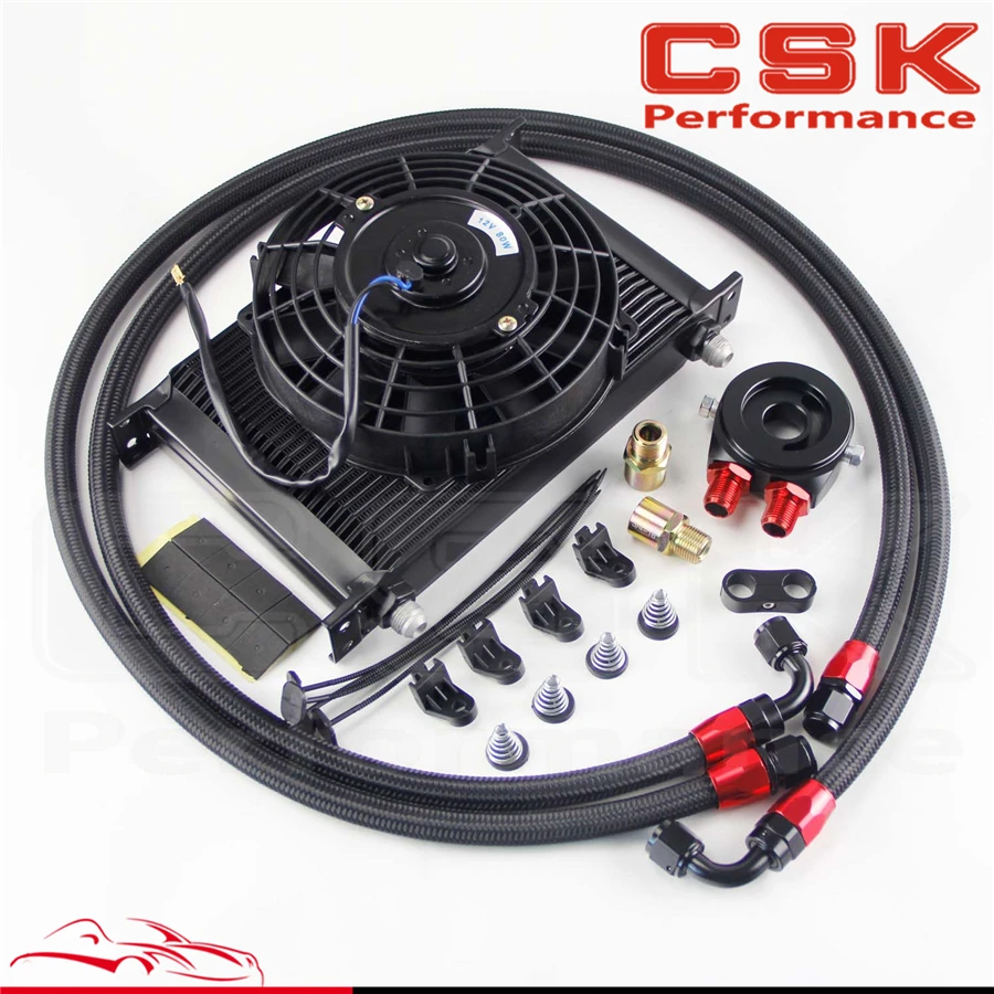 

25 Row AN8 Engine Oil Cooler / Filter adapter hose Kit + 7" Electric Fan
