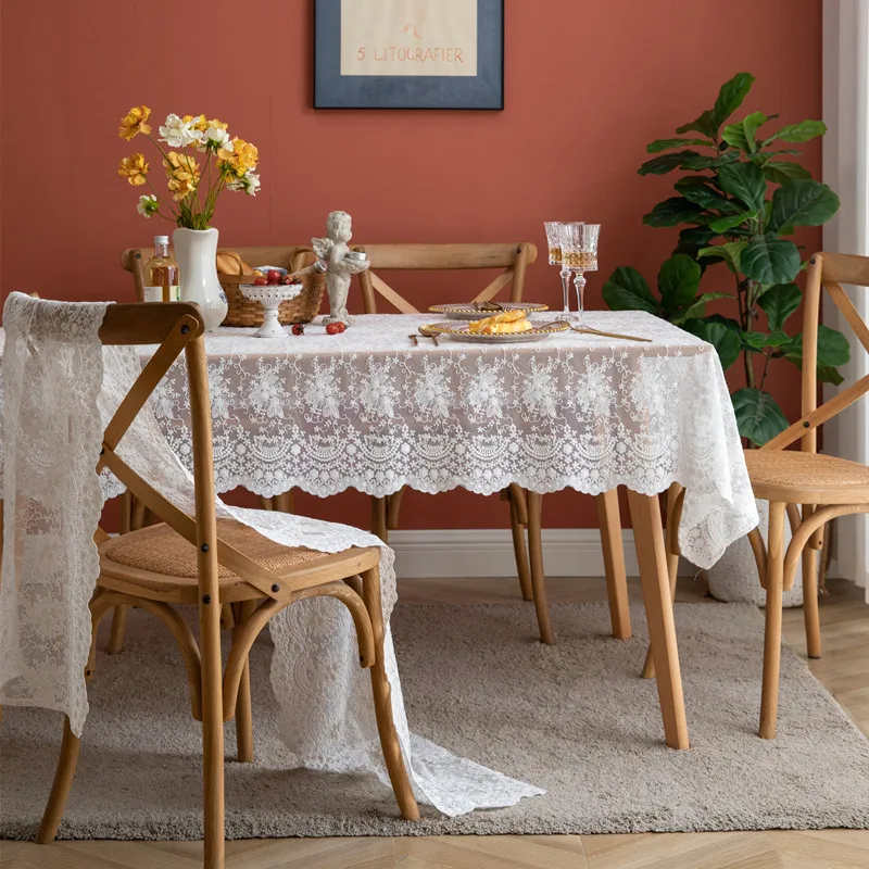 

White Lace Tablecloth Table Cloth Wedding Decoration French Romance Track on the Table Cover Nordic Rectangular Tablecloths Home
