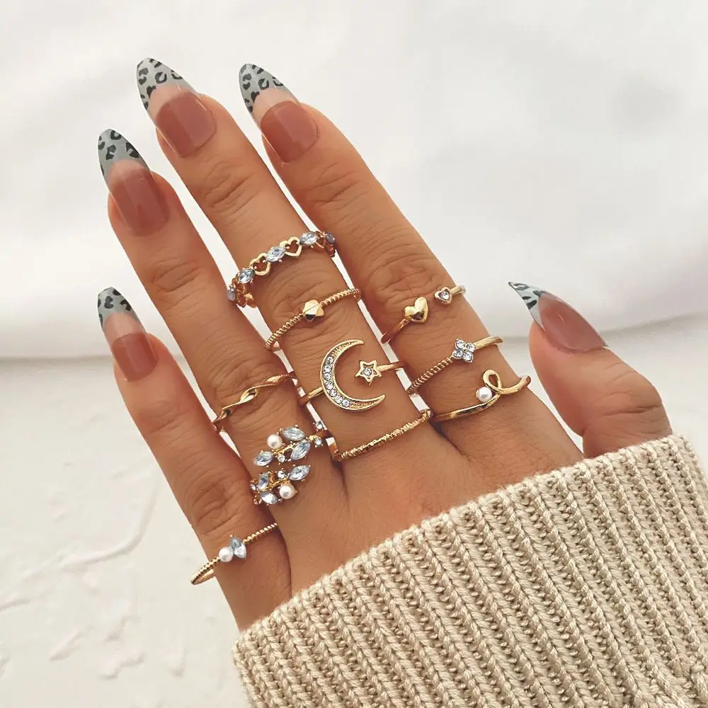 

10 Pcs Geometric Hollow Out Wide Ring Set Adjustable Womens Vintage Butterfly Circle Joint Ring Finger Ring Fashion Jewelry Gift