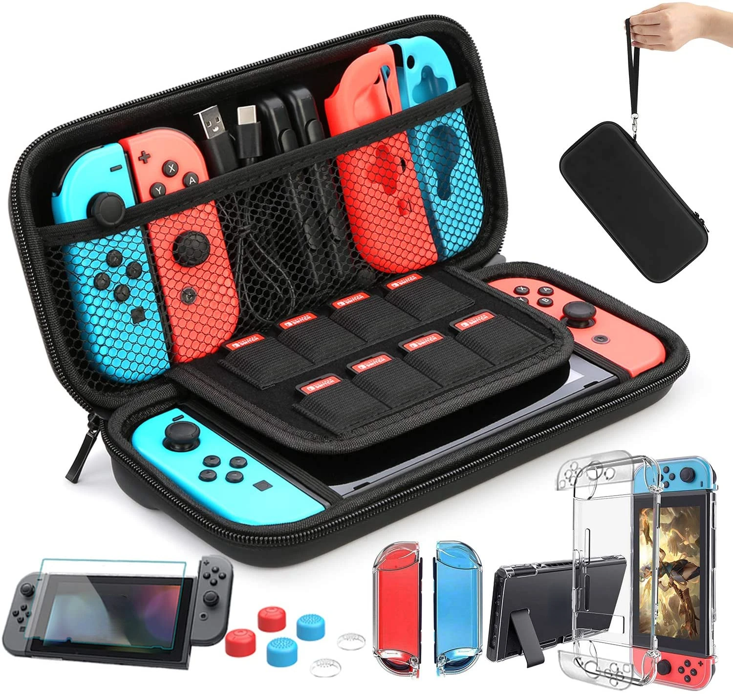 

NEW Switch Carrying Bag for Nintendo Switch Case with 9 in 1 Switch Accessories Kit and 6 Pcs Thumb Grip